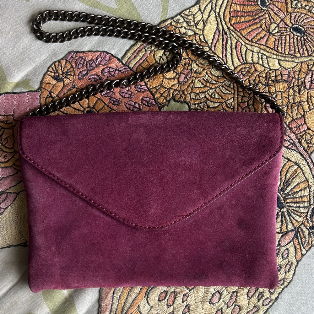 J. Crew 100% leather suede purple envelope style chain bag/clutch
